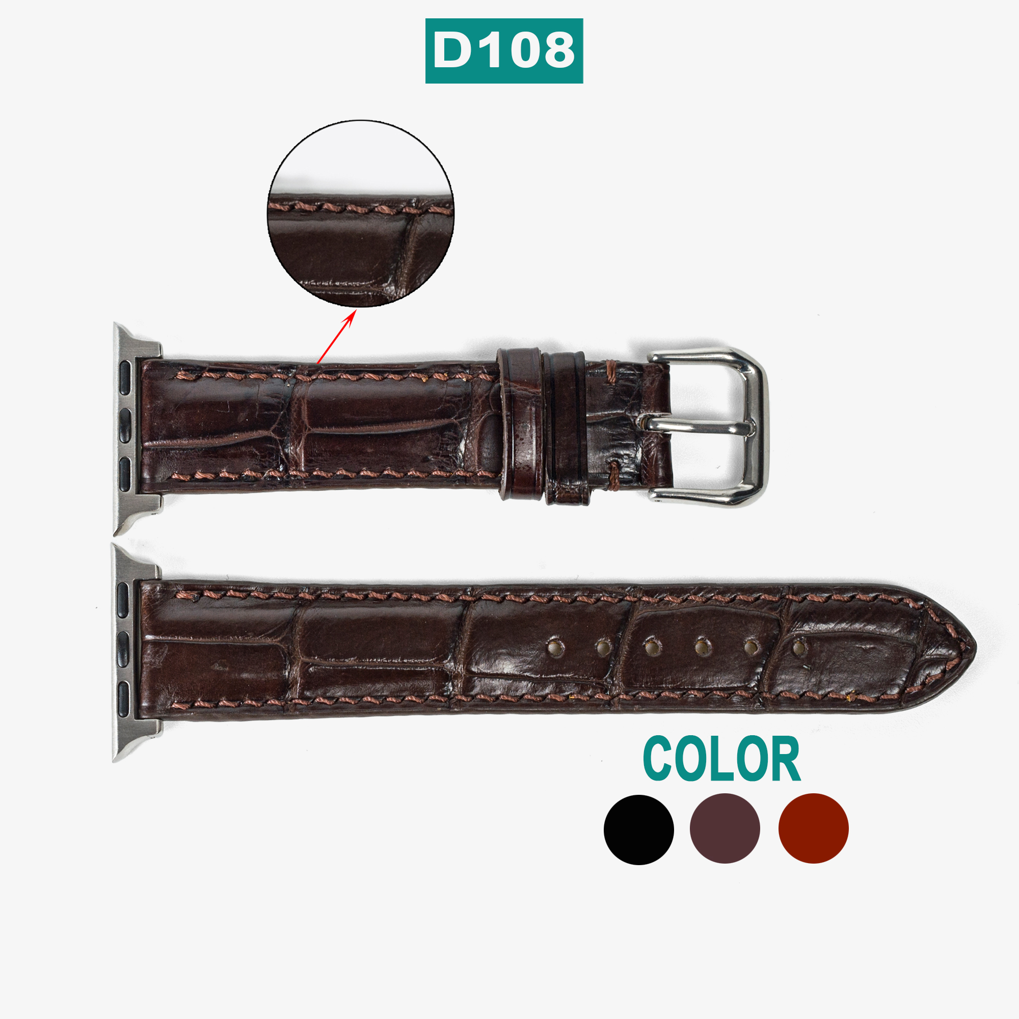 Dây apple watch da cá sấu đốt tre D108-da thật-khâu tay thủ công cao cấp, dây đeo apple watch series 3-series 4-series 5-series 6-se size 38mm-40mm-42mm-44mm, tặng tháo chốt, thương hiệu Bụi leather chuyên đồ da thật, bảo hành 12 tháng