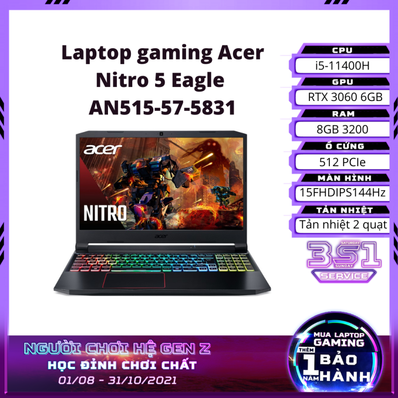 Bảng giá Latop gaming Acer Nitro 5 Eagle AN515-57-5831 15FHDIPS144Hz/i5-11400H/8GB 3200/512 PCIe/AX/Win/RTX 3060 6GB/Black/2.2kg - Hàng chính hãng Phong Vũ
