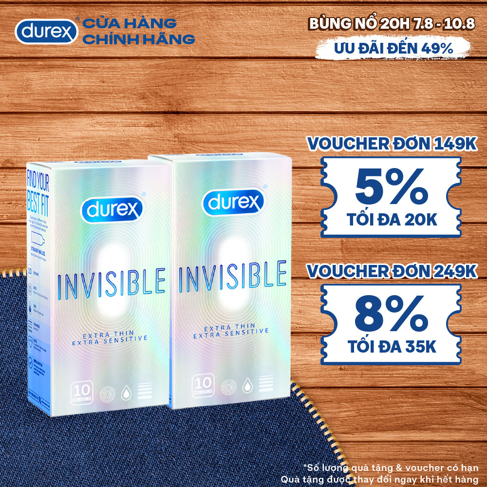  [20H 7-10.8 - Voucher đến 35K] Bộ 2 hộp bao cao su Durex Invisible siêu mỏng, size 52mm, 10 bao/hộp