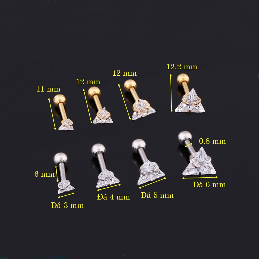 Bông tai titan nữ đính đá hình tam giác 3 mm 4 mm 5 mm 6mm