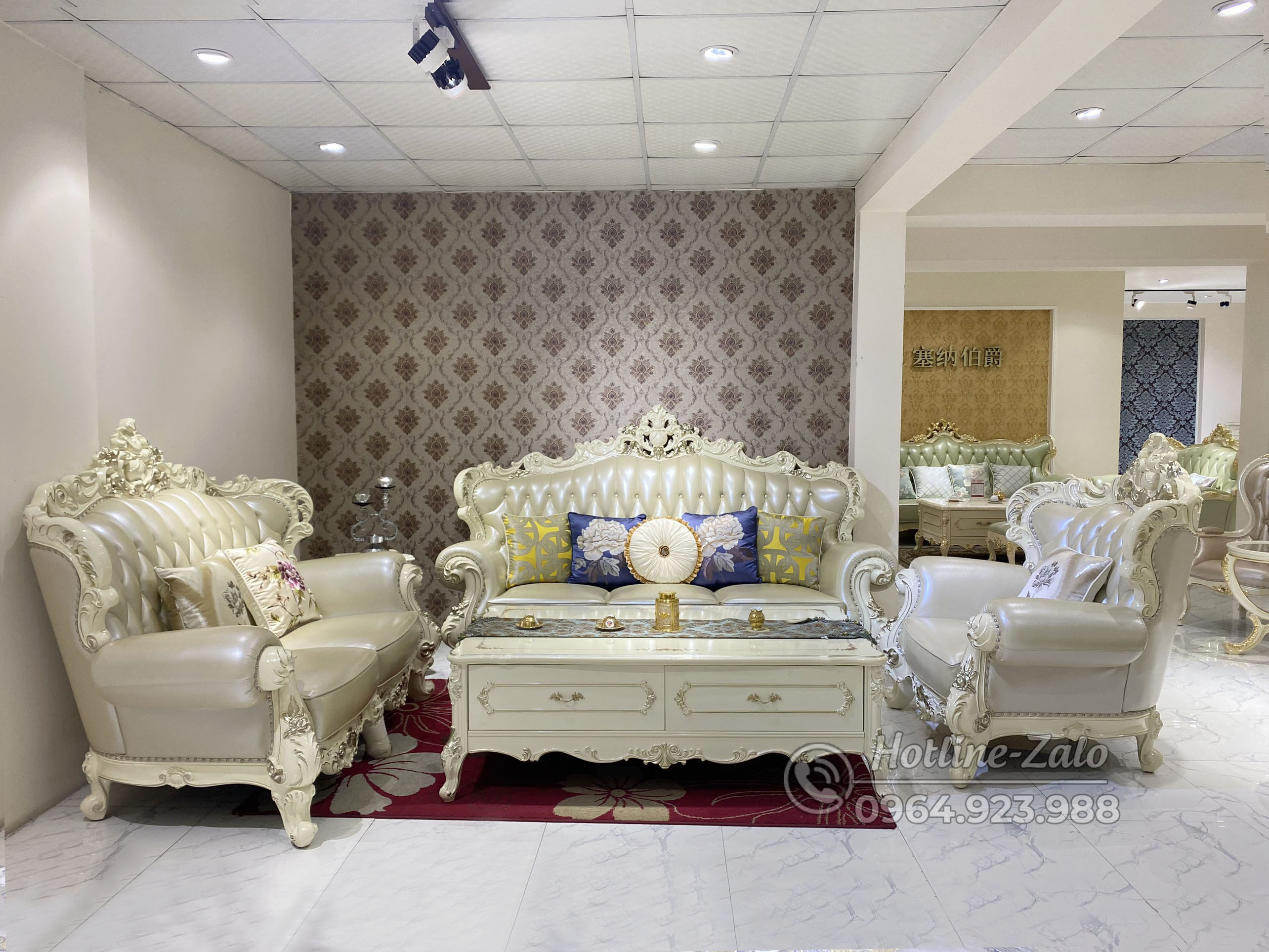 Bộ Sofa phòng khách tân cổ điển bọc da bò nhập khẩu 9903B