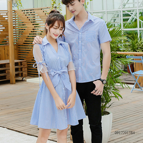 Đầm đôi sọc xanh trắng tay voan lưới (giá gồm váy nữ + somi nam)