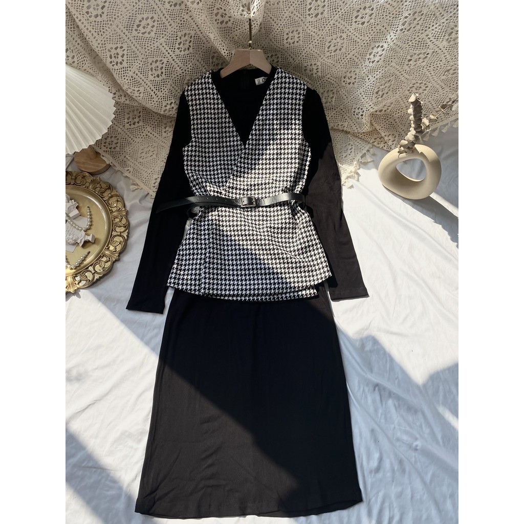 Set váy kèm belt style Hàn, chanh xả (1114)
