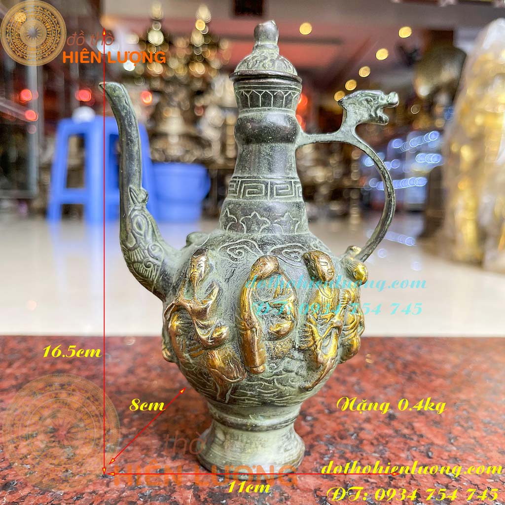 Ấm wine Eight Immortals Copper Blue false collar high 17cm heavy 0.4kg