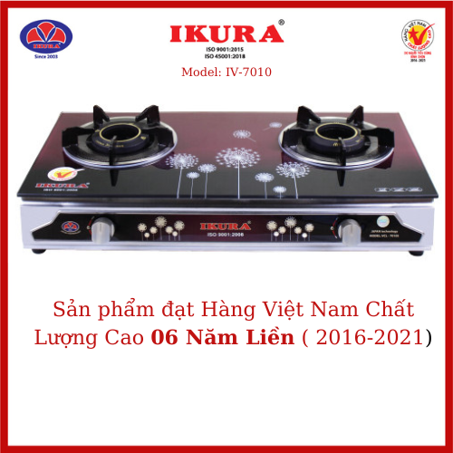 Bếp gas đôi mặt kính Ikura(IV -7010)- Đầu đốt hoa sen bằng đồng 115(mm)