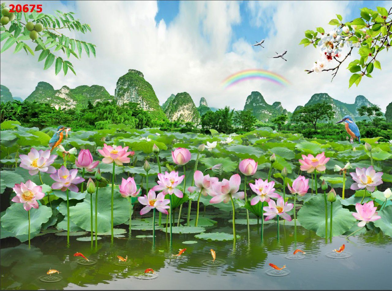 Tranh dán tường hoa sen 3D in trên chất liệu lụa cao cấp