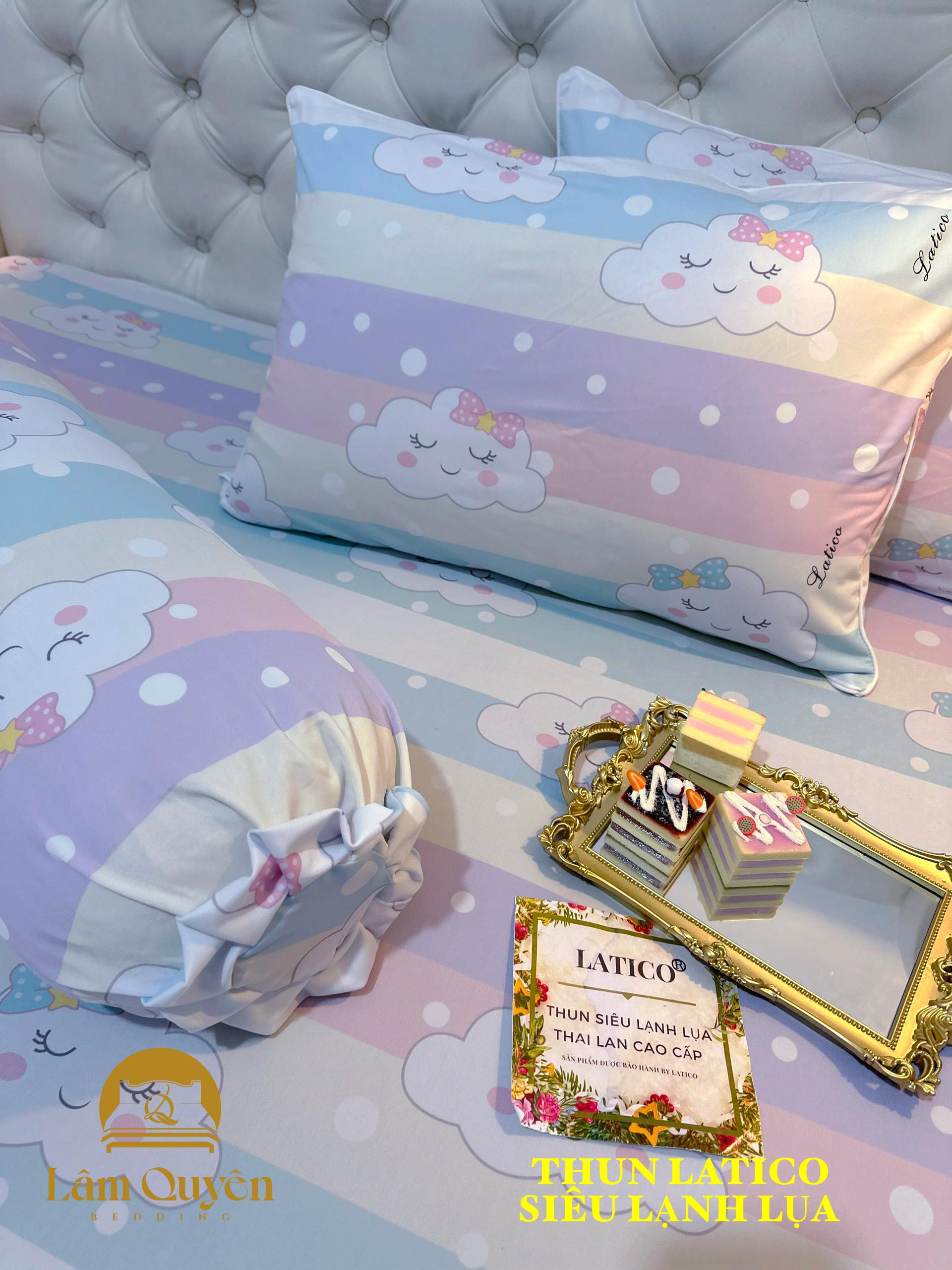 Bộ ga giường thun Latico siêu lạnh Lụa (áo gối ôm khóa kéo) mẫu Mây cầu vồng