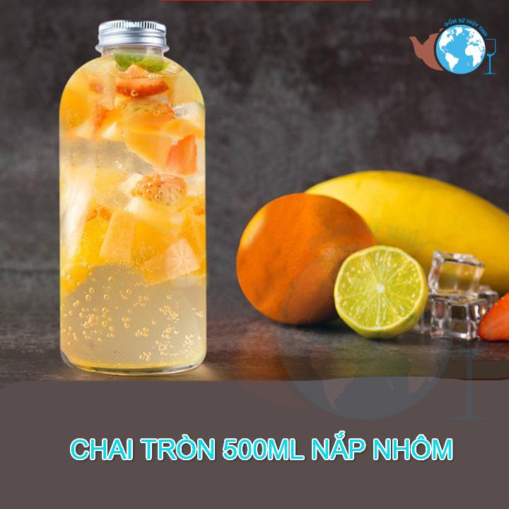 Bình thủy tinh CHAI TRÒN 500ml nắp nhôm đựng nước detox