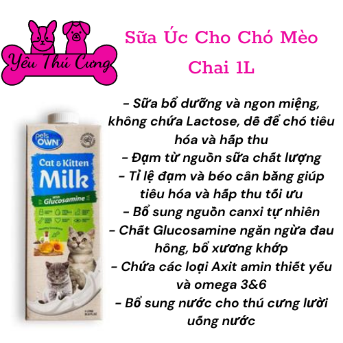 Sữa tươi cho cún & mèo pets on glucosamin úc 1l-yêu thú cưng