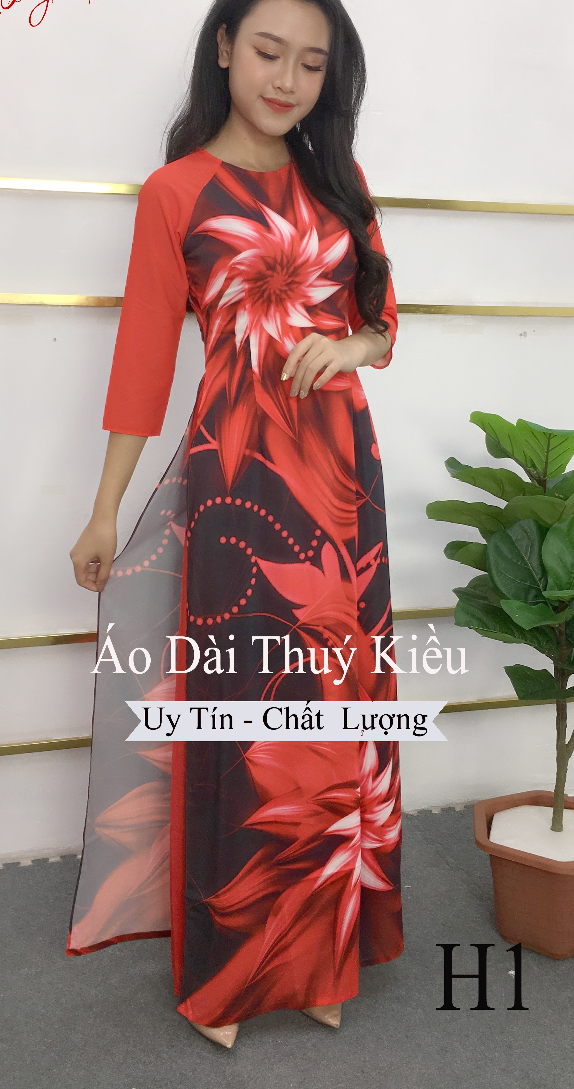 Áo dài Thúy Kiều lụa Nhật hoa đỏ đen H1 - Xưởng áo dài