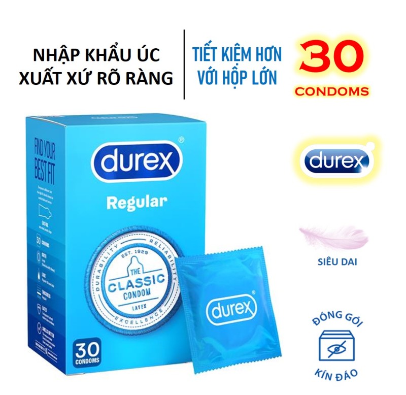 Bao cao su Durex Regular Úc, bcs siêu dai - Hộp 30 chiếc