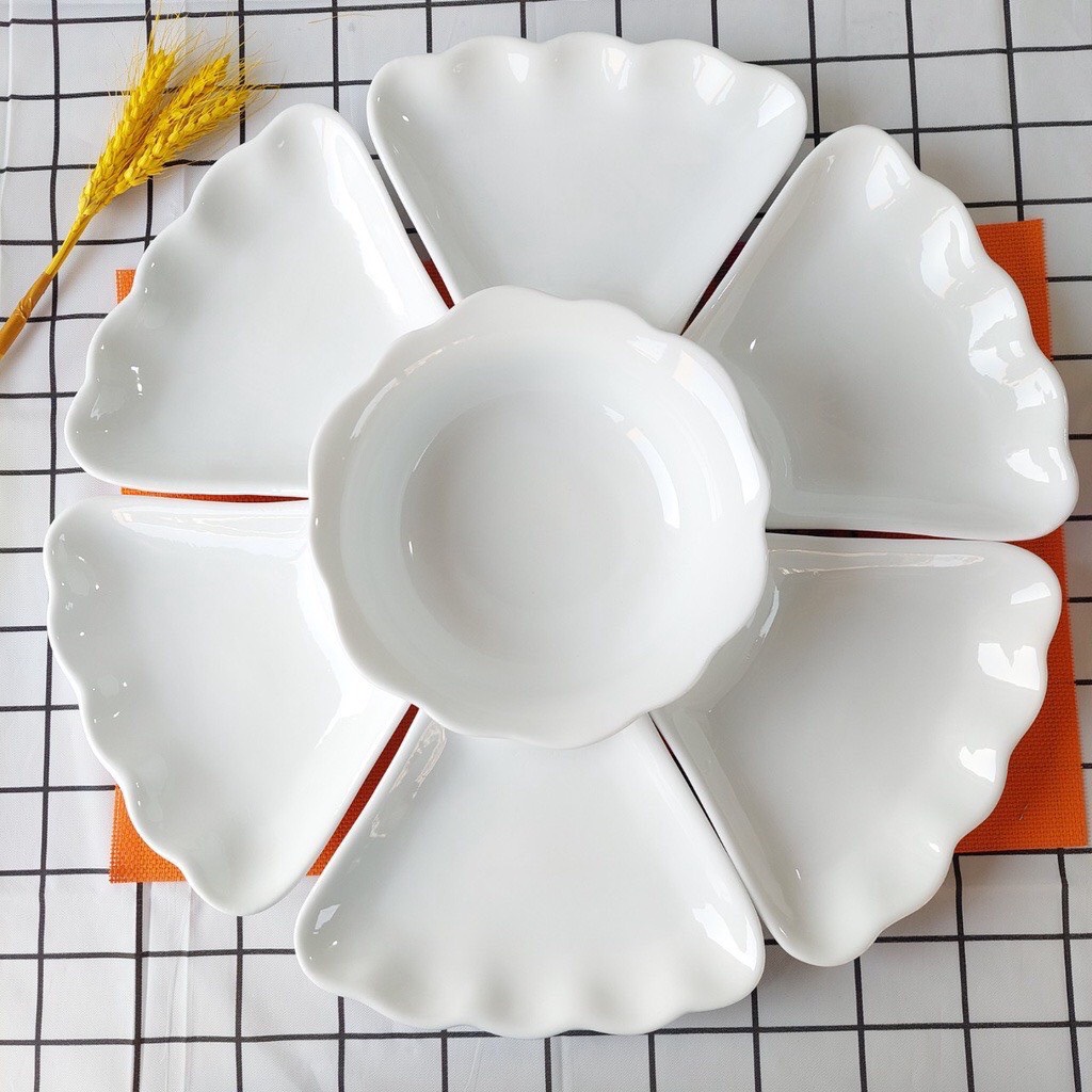 Bộ Bát Đĩa Hoa Mặt Trời Trắng Trơn [ Bát Tràng ]Set Bát Đĩa Cúng Gia Tiên