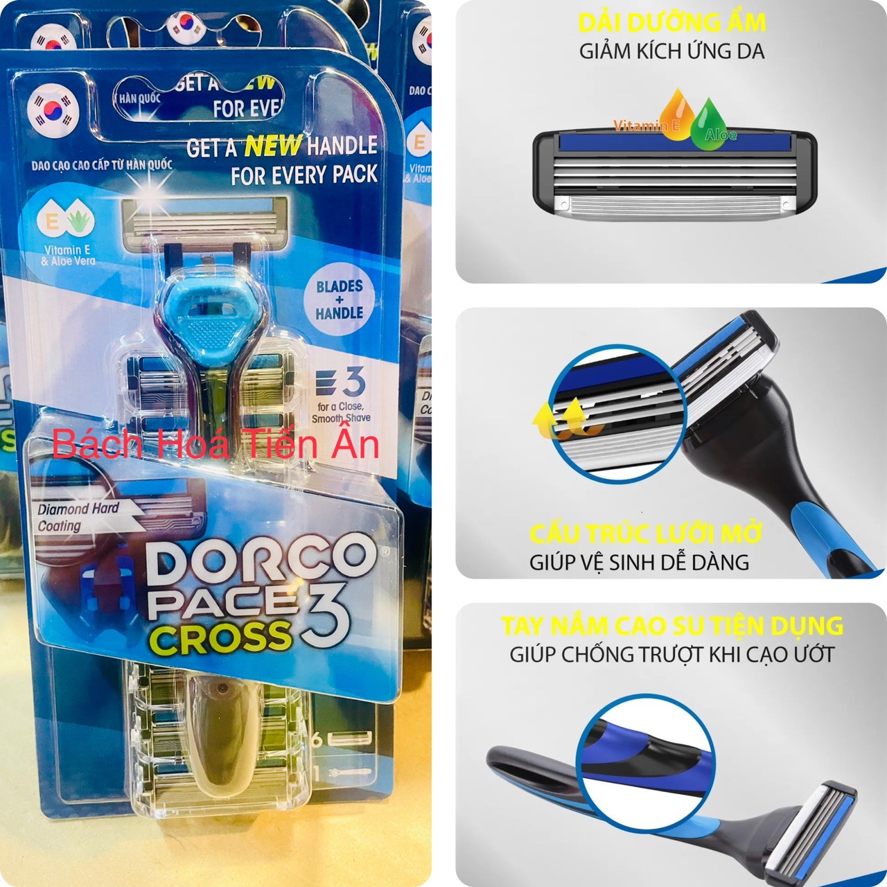 Bộ dao cạo râu 3 lưỡi dorco pace cross 3 kèm 6 đầu thay thế