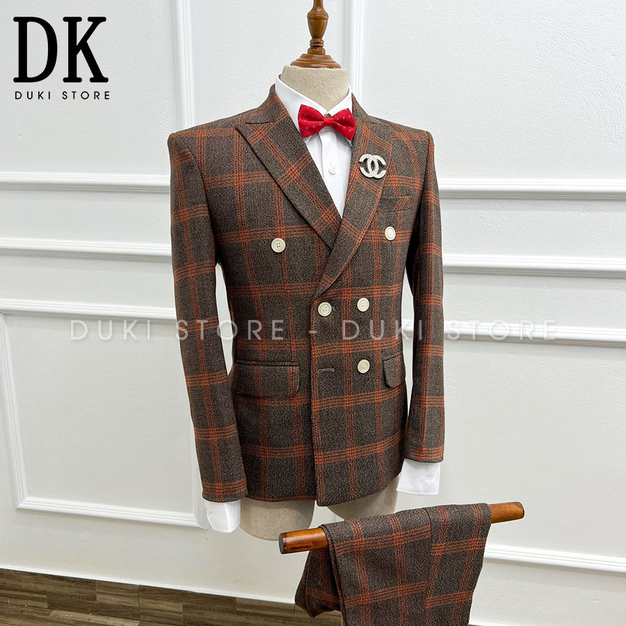Bộ vest nam 6 nút hàn quốc màu kẻ caro màu đỏ nâu đẹp dke0074 - duki store