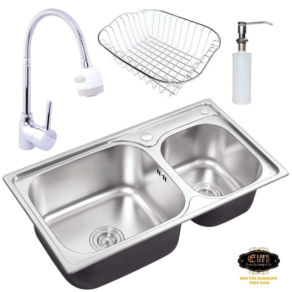 Chậu rửa chén Inox Eurolife C5 + Vòi rửa chén nóng lạnh Eurolife EL-T005 (Trắng bạc) +  Bình xịt nước rửa chén Eurolife C11 (Trắng bạc) +  Rổ Inox Eurolife C19 (Trắng bạc)
