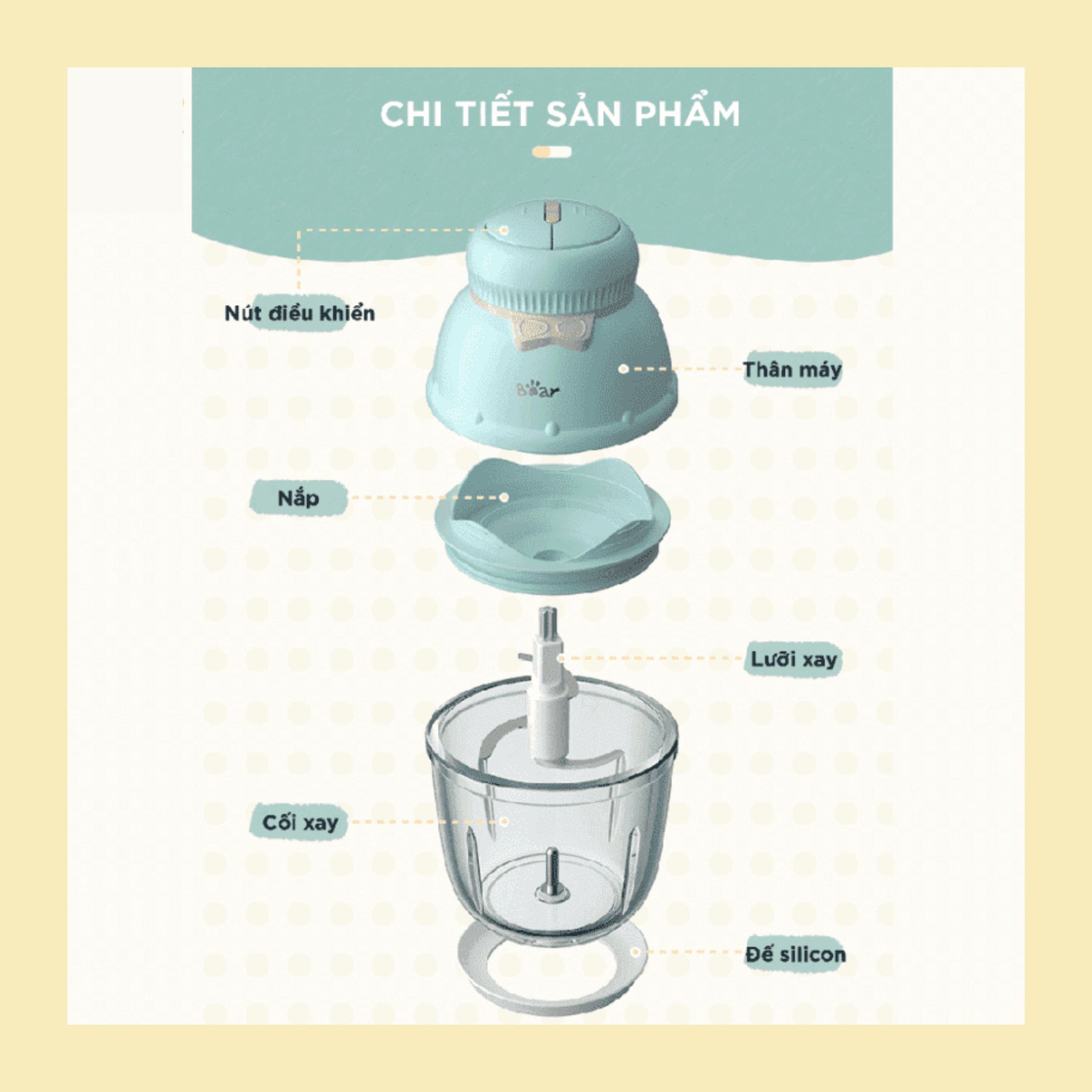 Máy xay thực phẩm mini Bear, công suất 200W, bảo hành 6 tháng