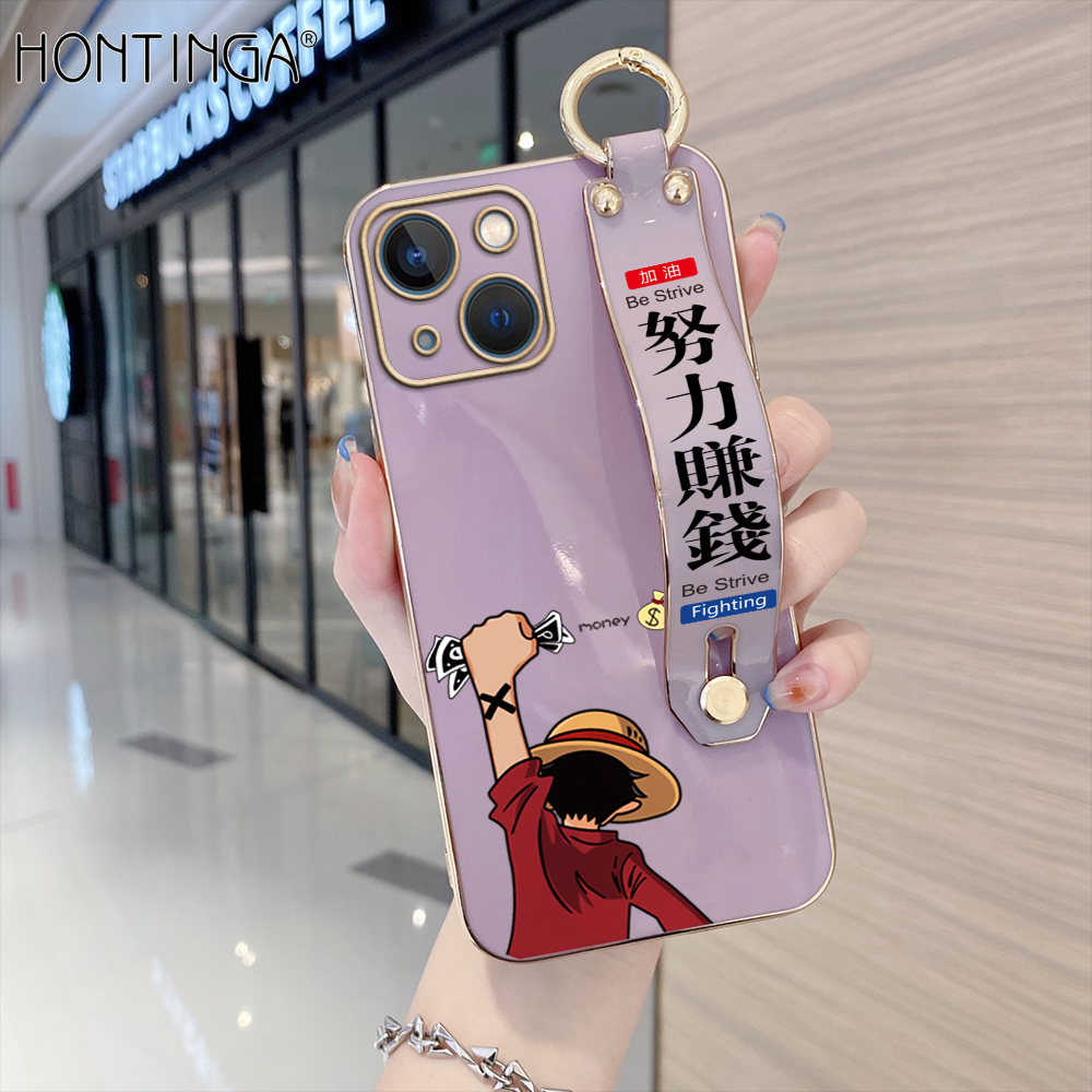 (With Wristband) Hontinga Casing Case For iphone 11 Pro Max 12 Mini 12 Pro Max 13 Mini 13 Pro Max Case Anime Luffy Luxury Chrome Plated Soft TPU Square Phone Case Full Cover Camera Protection Anti Gores Rubber Cases For Girls