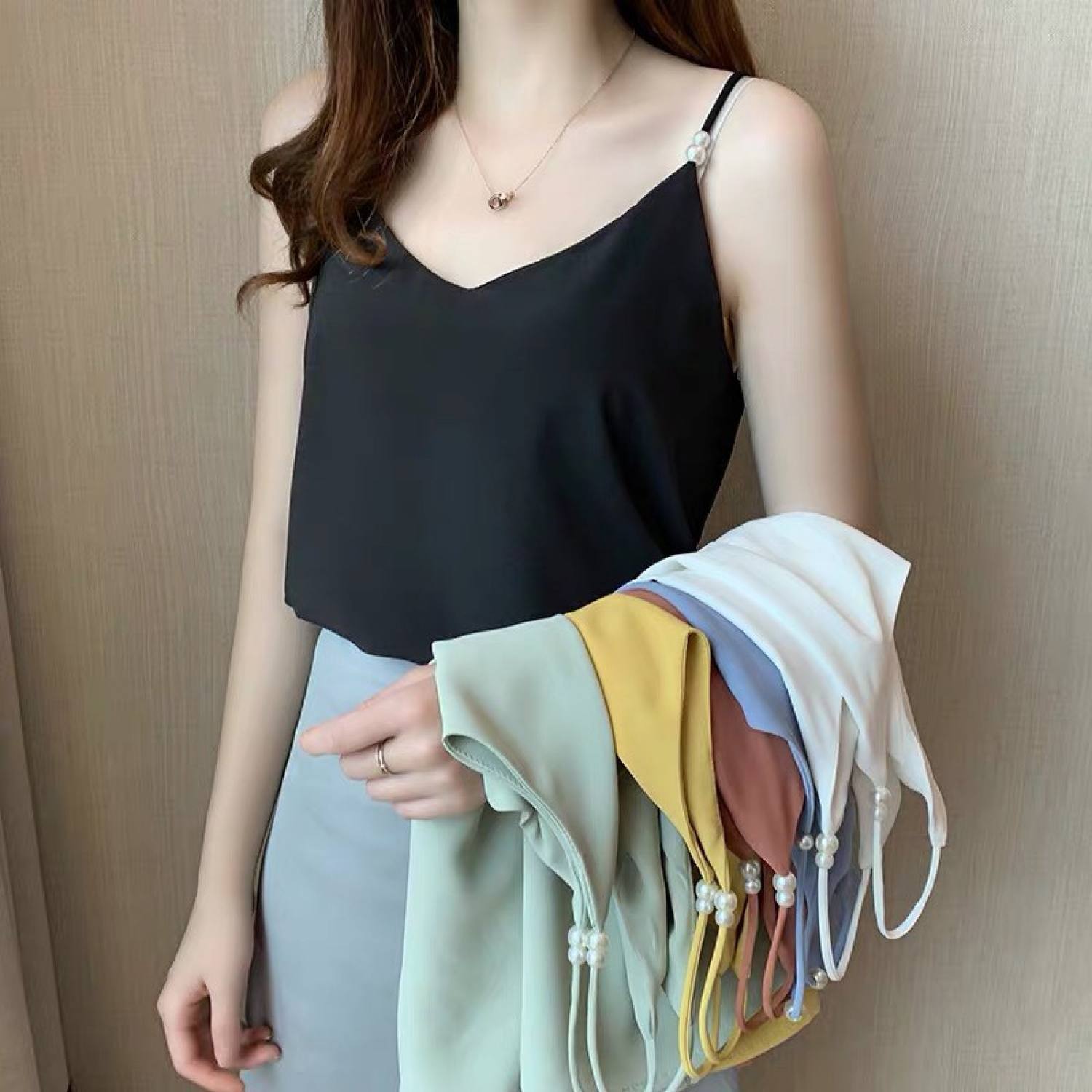 Áo hai dây nữ lụa Hàn dây đính ngọc siêu sang chảnh