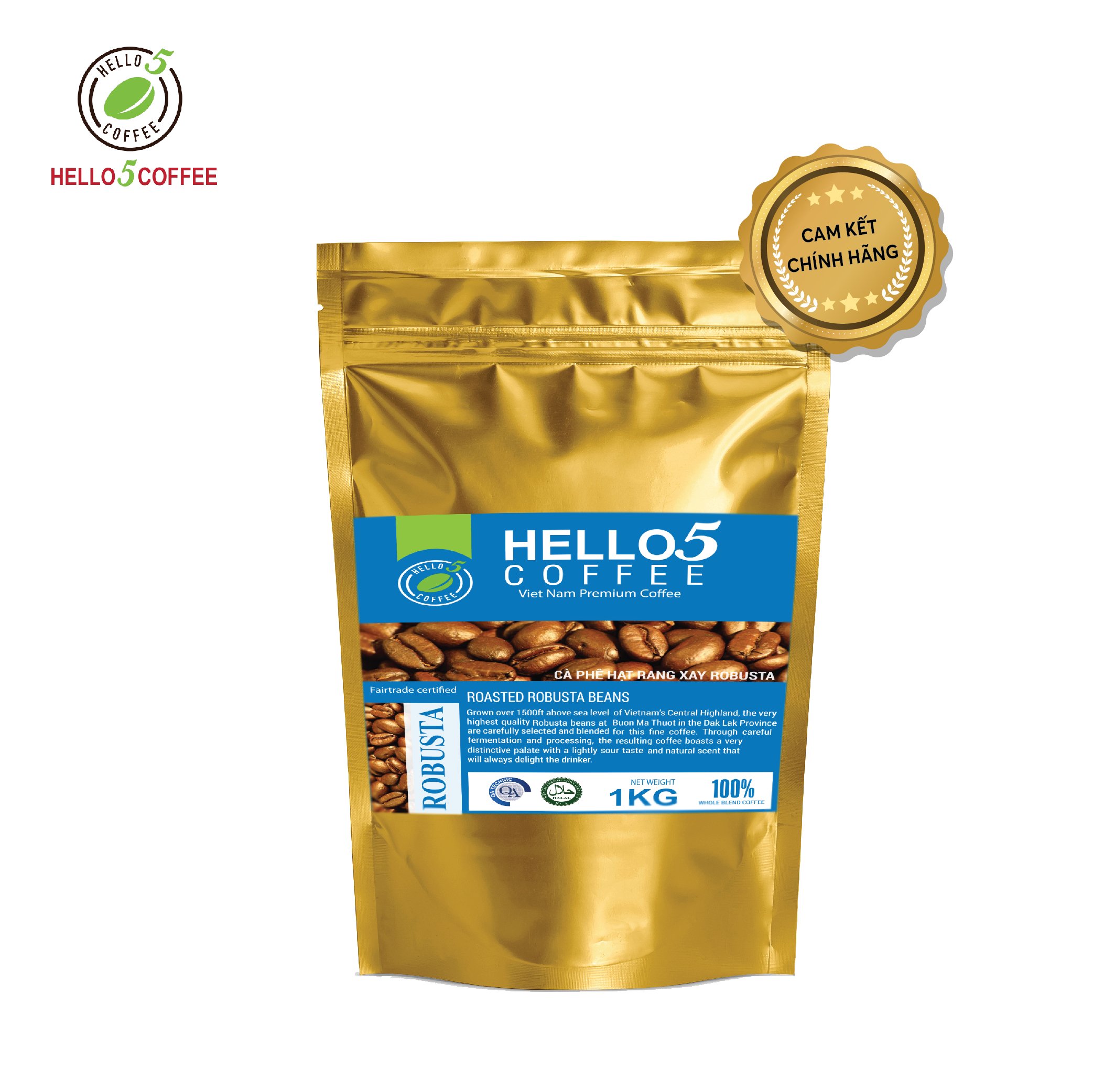 Cà phê hạt nguyên chất Robusta Hello 5 Coffee - Gói 1kg