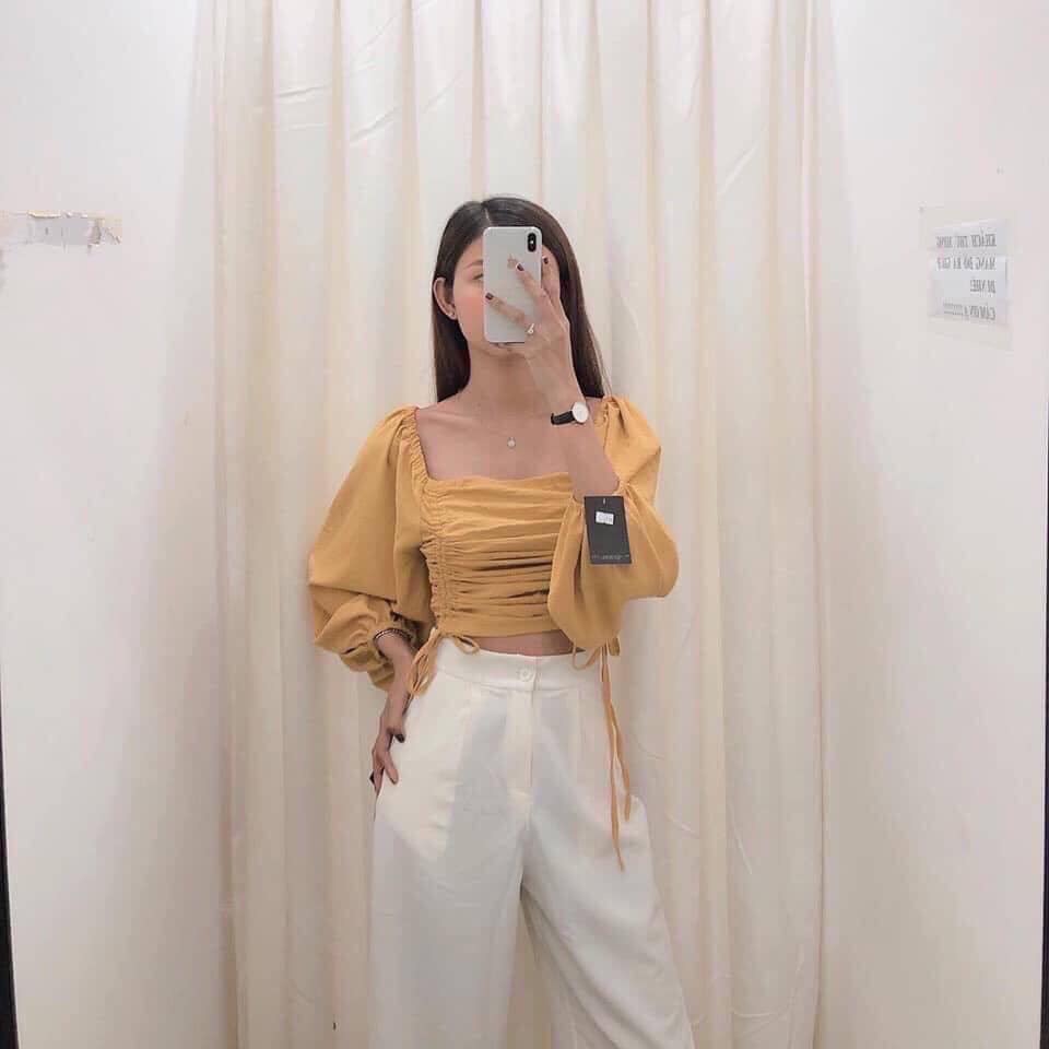Áo croptop cổ vuông dây rút eo - Màu vàng