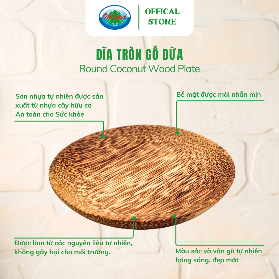 Dĩa Tròn Gỗ Dừa Ohiama Round Coconut Wood Plate - Đồ Dùng Bàn Ăn Nhà Bếp, Trang Trí Đồ Thủ Công, Tết