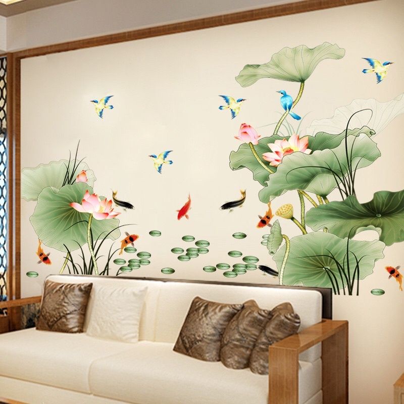 Decal dán tường chất liệu cao cấp đầm sen to và cá