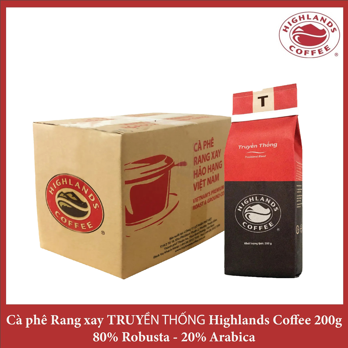 Thùng 12 gói Cà phê Rang xay Truyền thống Highlands Coffee 200g