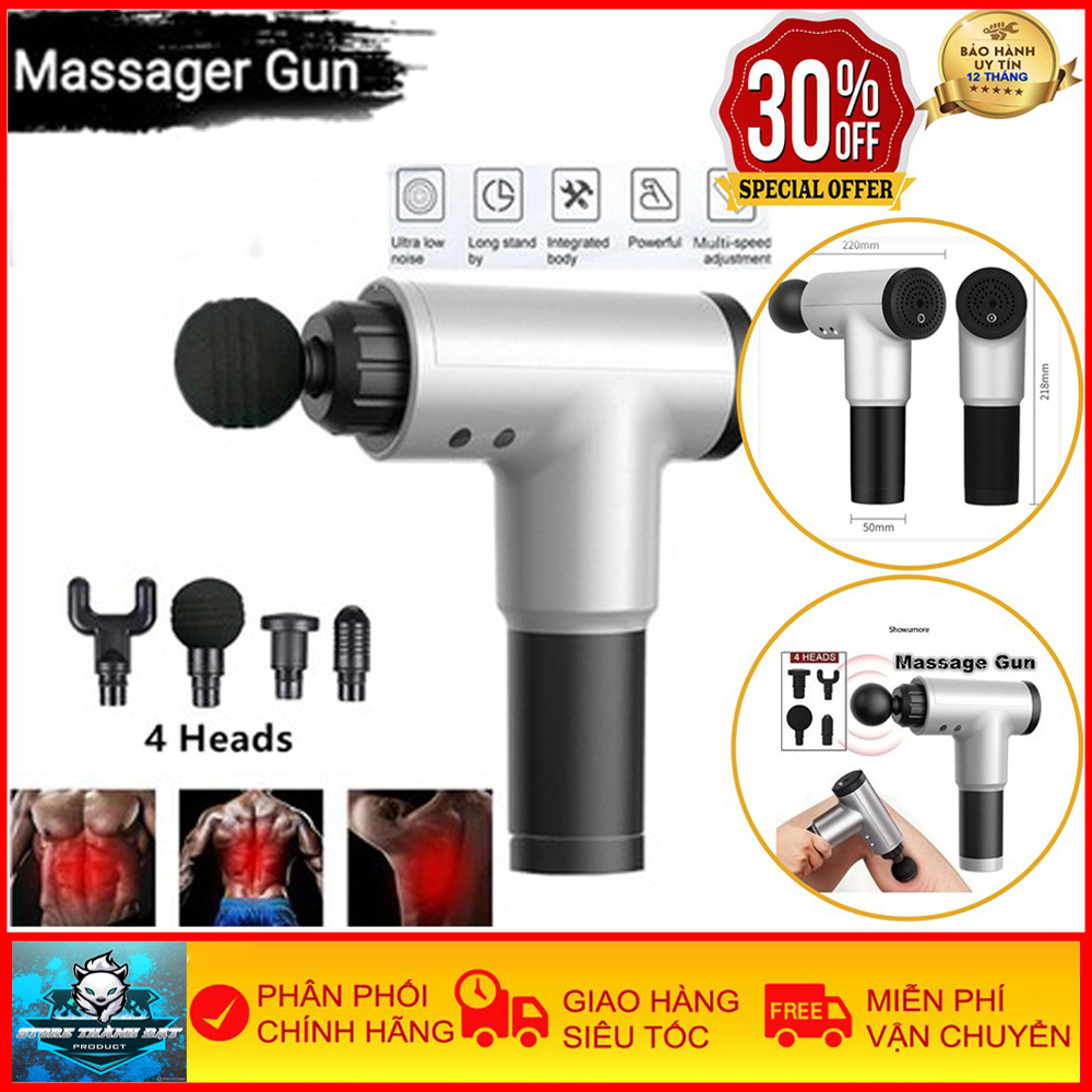 Máy Đấm Lưng Massage Fascial Gun 4 Đầu 6 Chế Độ - Massage Toàn Thân, Giảm Đau Nhức Cơ Xương, Tăng Lưu Thông Máu - An Toàn, Tiện Lợi - Bảo hành 6 Tháng