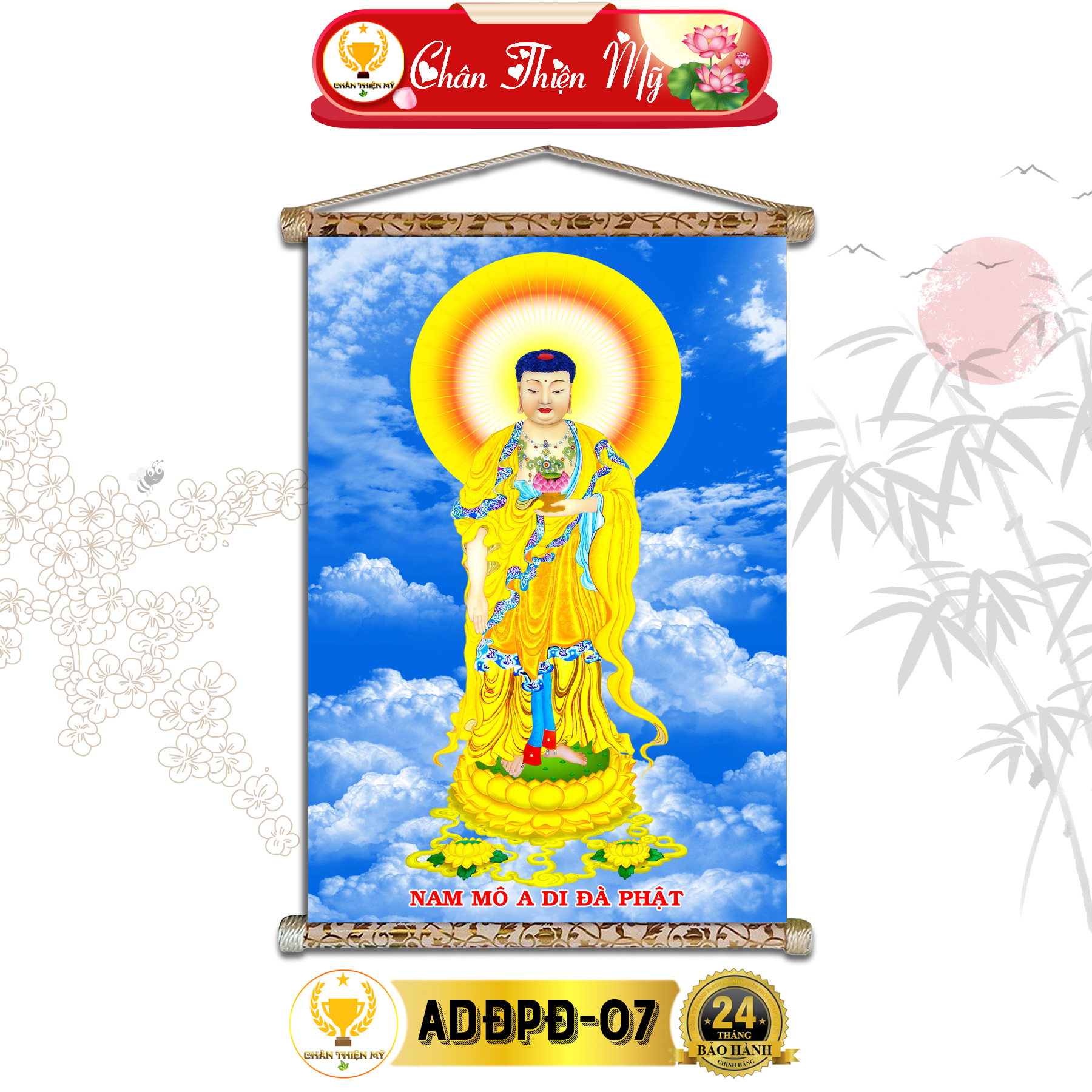 Tranh phật treo tường chân thiện mỹ, tranh vải phủ kim sa 40x60cm, tranh phật a di đà đứng adđpđ_01