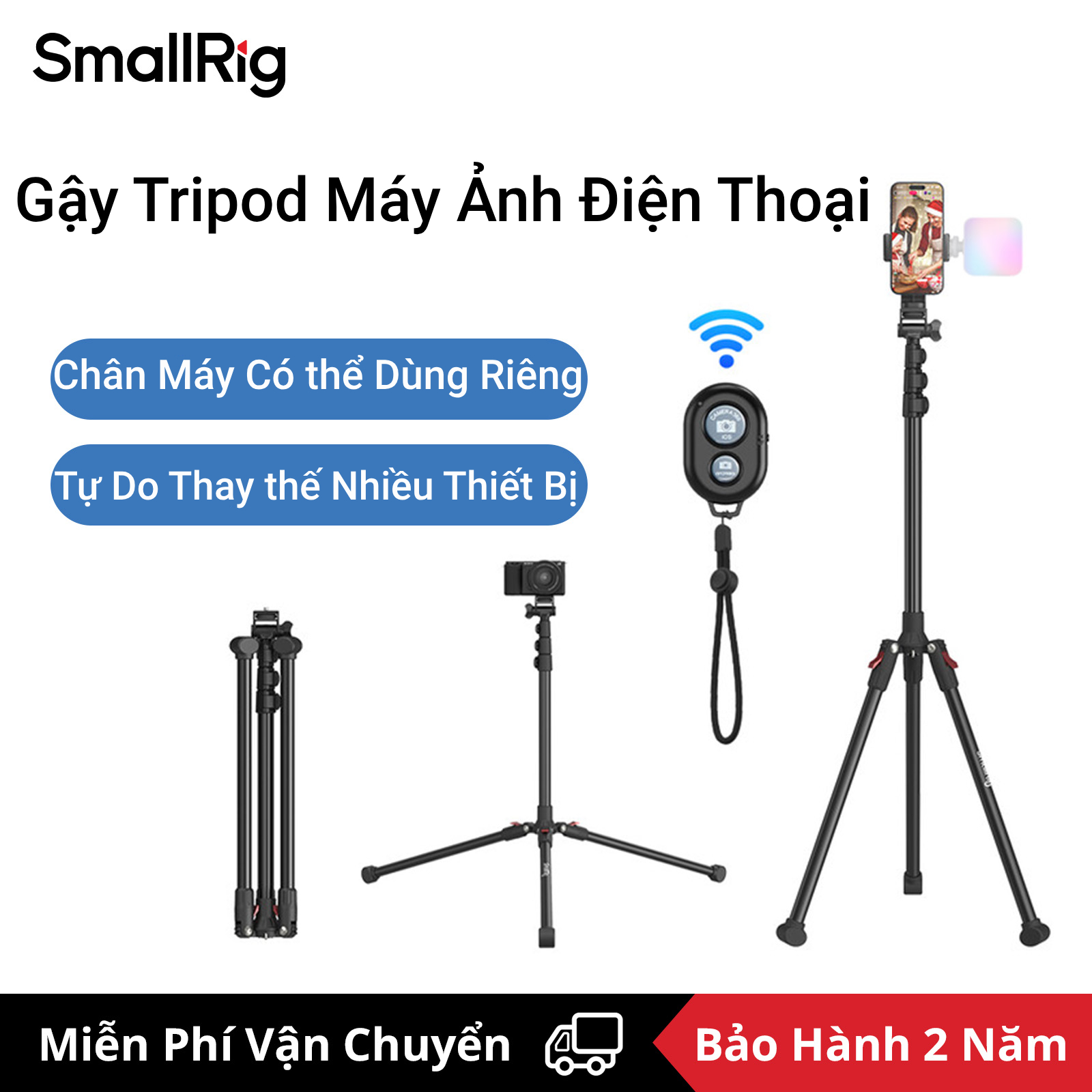 SmallRig Reverse-Folding Phone Tripod Stand Selfie Stick with Bluetooth Remote Control for Cellphone Mirrorless Camera Vlogging Tik Tok 4363