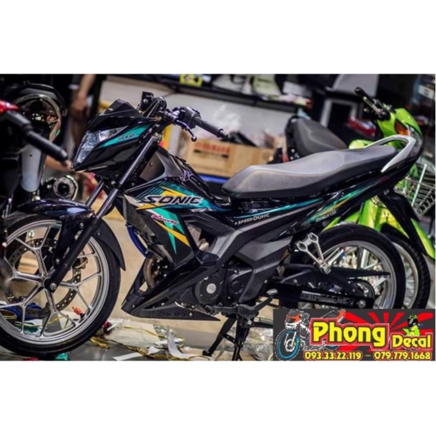 Tem rời sonic 150r phối xanh dán xe đen bóng