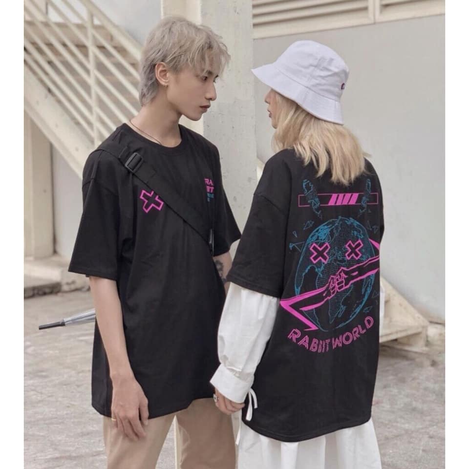 Áo thun tay lỡ unisex màu đen RABBIT