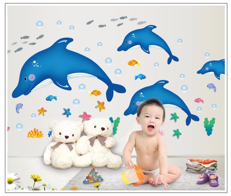 Decal dán tường cá heo xanh