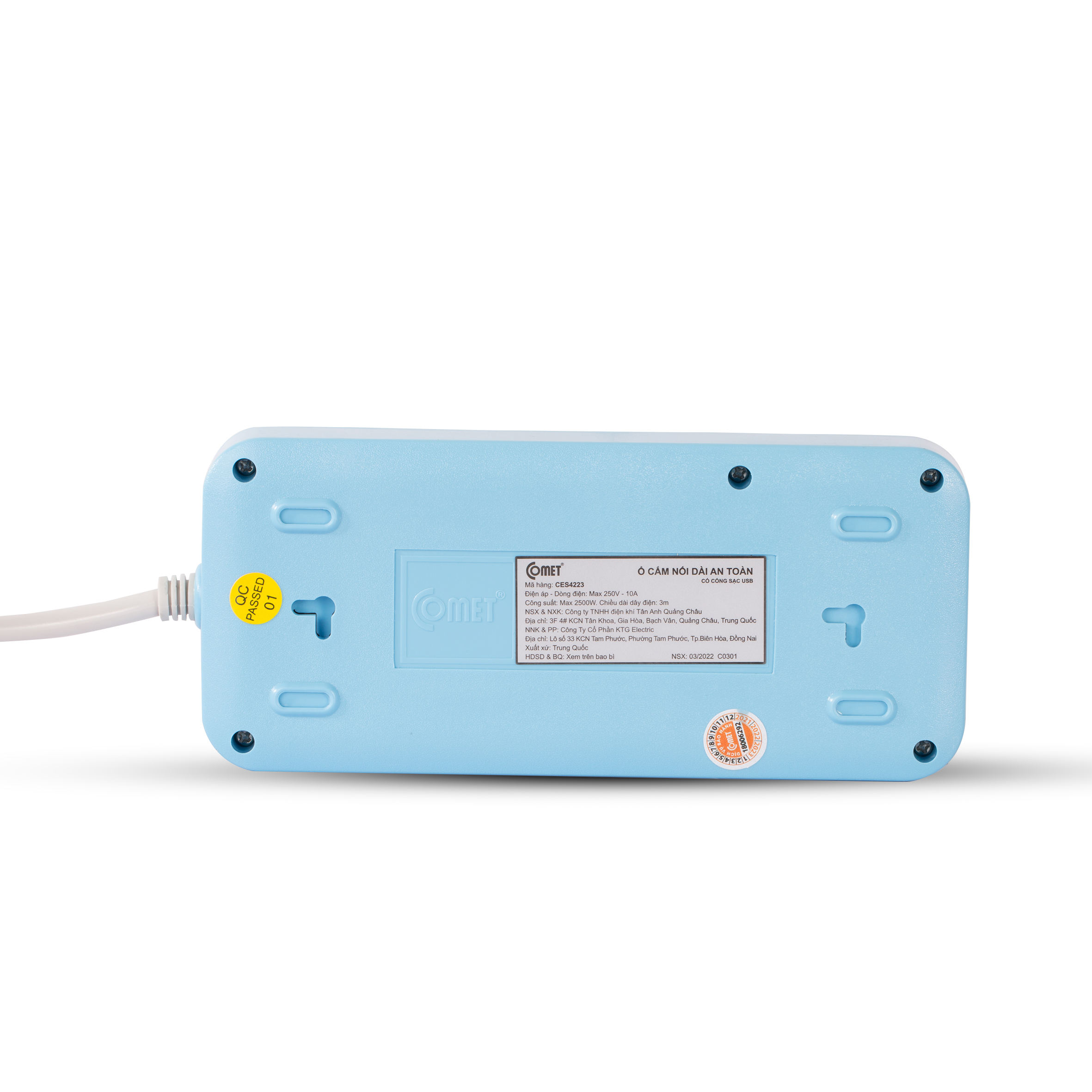 Ổ cắm điện nối dài COMET CES4223, tích hợp 2 cổng USB, công tắc nguồn an toàn - Điện Dân Dụng.
