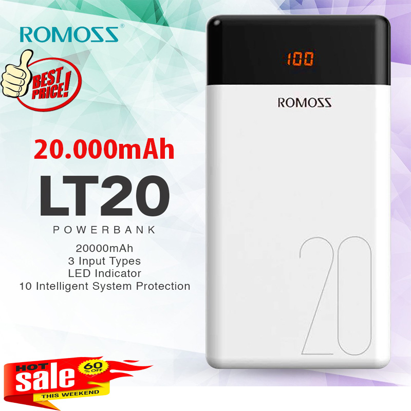 Pin Sạc Dự Phòng Gía Rẻ ROMOSS 20.000Ah - Pin Dự Phòng 20.000Ah Gía Rẻ - PIN DỰ PHÒNG ROMOSS LT20- Màn Hình Led - 2 Cổng USB 2A -Dùng được cho IOS và Android