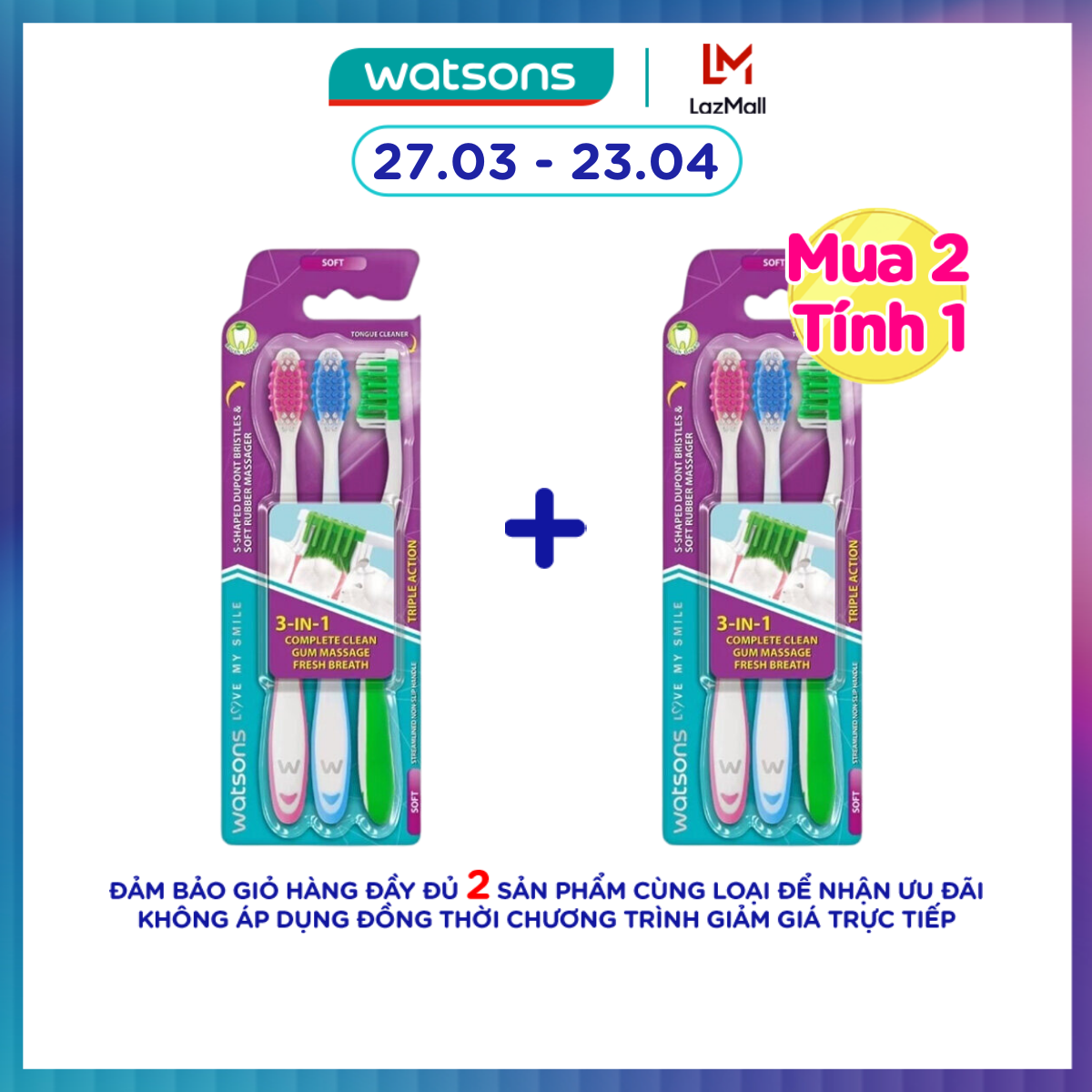 Bàn Chải Đánh Răng Watsons Triple Action Toothbrush (Soft) 3s