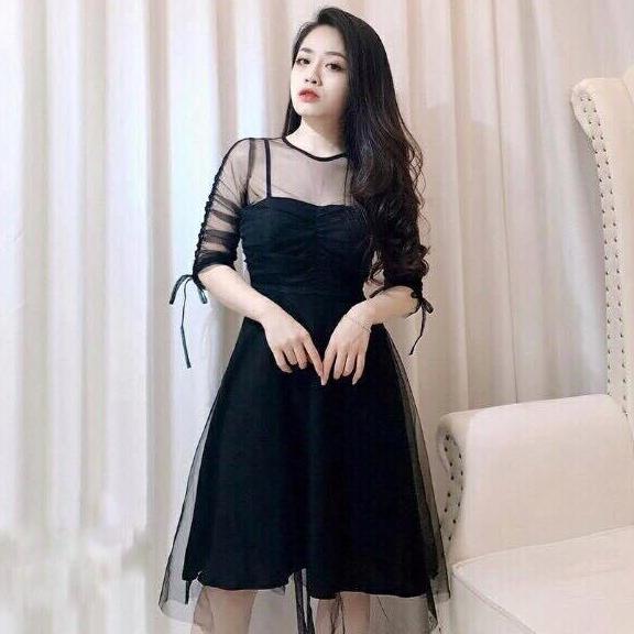 Đầm Xòe Hai Dây Phối Lưới