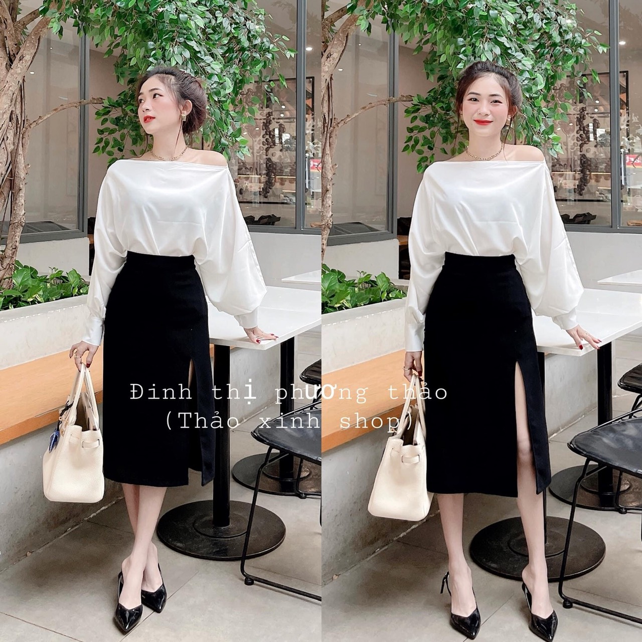 Set váy xẻ tà + áo lệch vai tay bồng