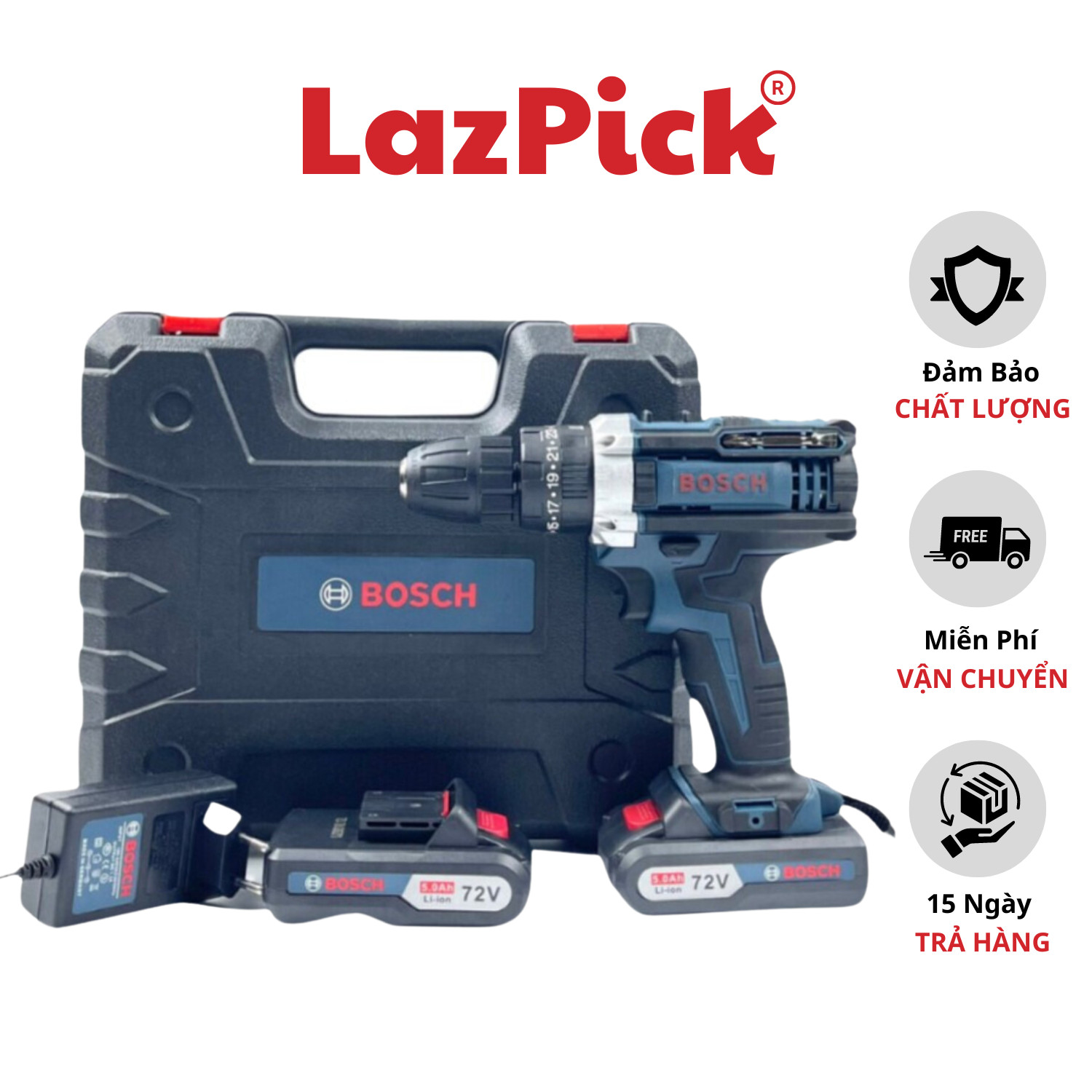 Máy Khoan Pin Bosch 72v, Máy khoan pin 3 chức năng có búa tặng kèm phụ kiện 24 chi tiết LazPick Bảo Hành 2 Năm