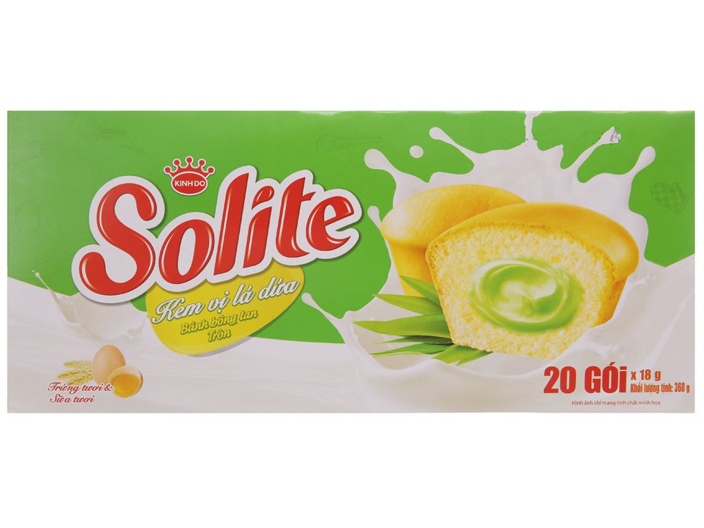 Bánh bông lan cuộn kem vị lá dứa Solite hộp 360g 20 gói