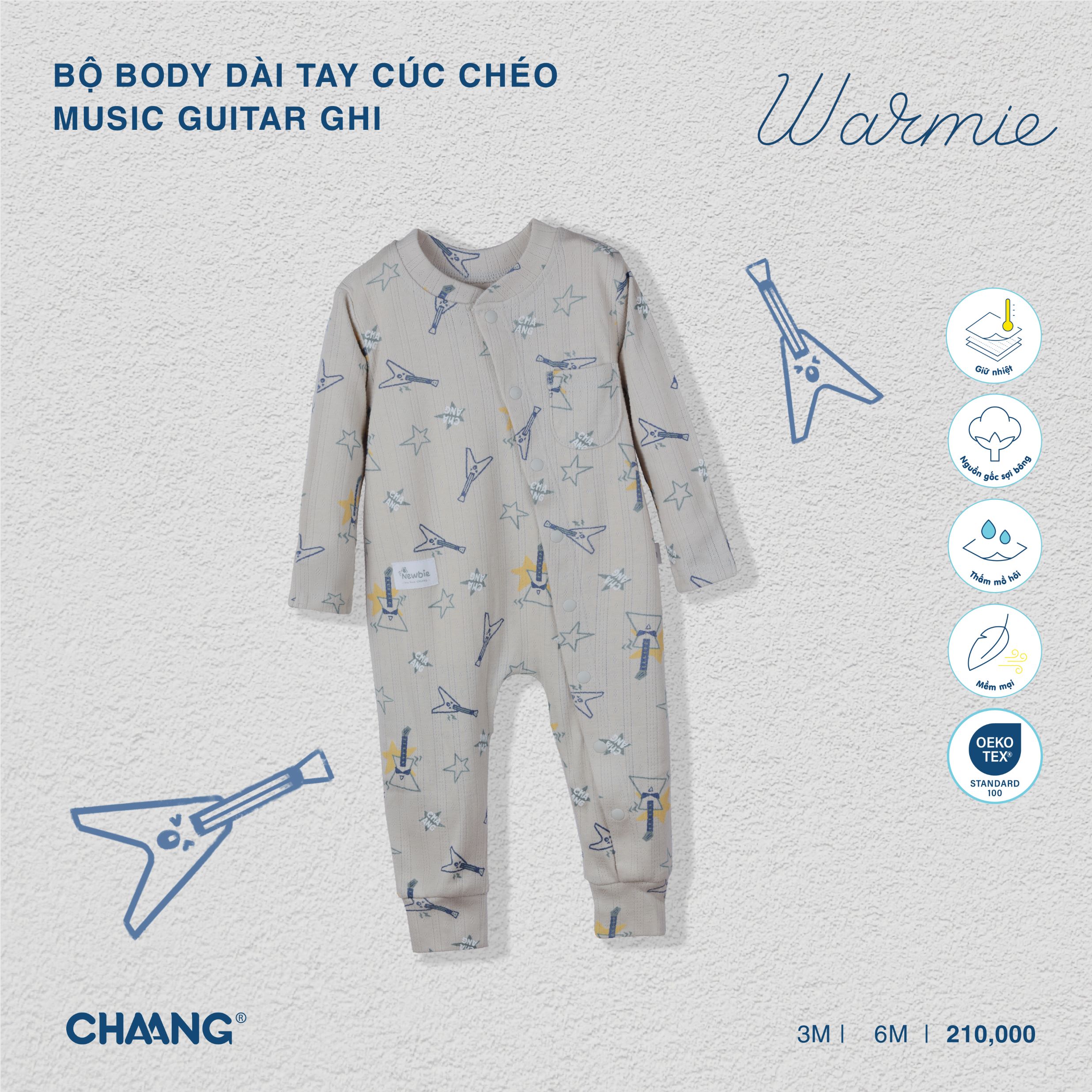 [CHAANG] Bộ body dài cúc giữa sơ sinh Music Chaang