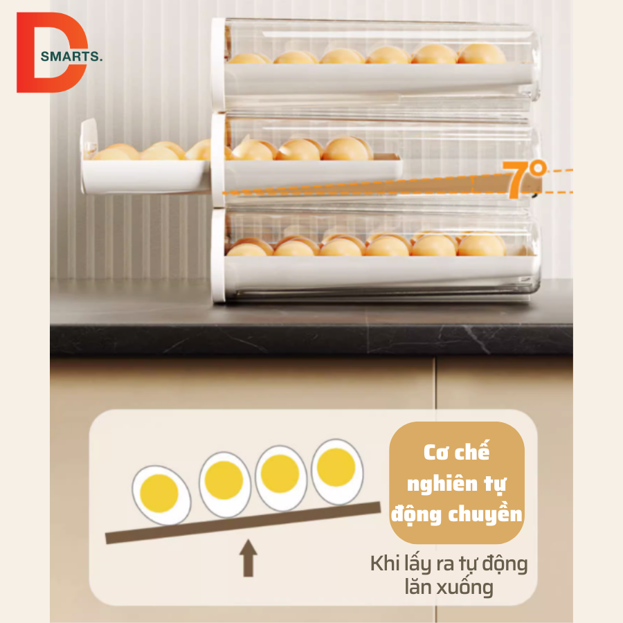 Khay trứng thông minh trượt tự động có viên khử trùng, Hộp đựng trứng dạng trượt trong suốt tiện lợi cho tủ lạnh