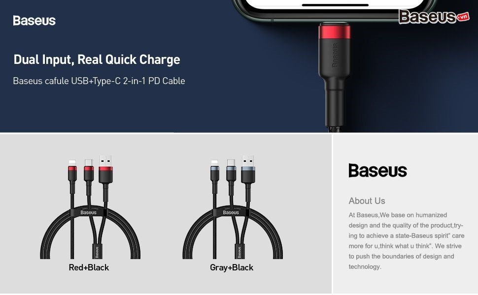 Cáp sạc nhanh Lightning Baseus Cafule USB + Type-C 2-in-1 PD dual input (USB+Type-C) sạc nhanh 2.4A công suất 18W hỗ trợ truyền dữ liệu