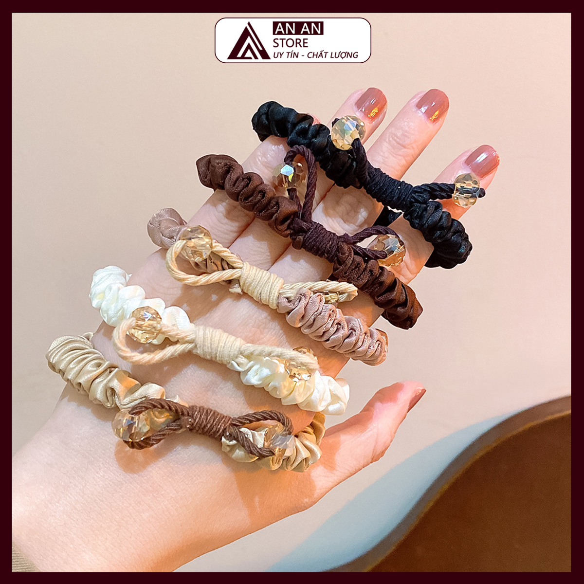 Cột Tóc Scrunchies Vải Satin Dây Nơ Ngọc