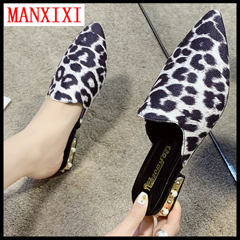 MANXIXI Brand Korean Version Style Slippers Fashion Sexy Leopard Pattern Low Heel 1 Inch Mules Sandals For Women (35-40 Size)