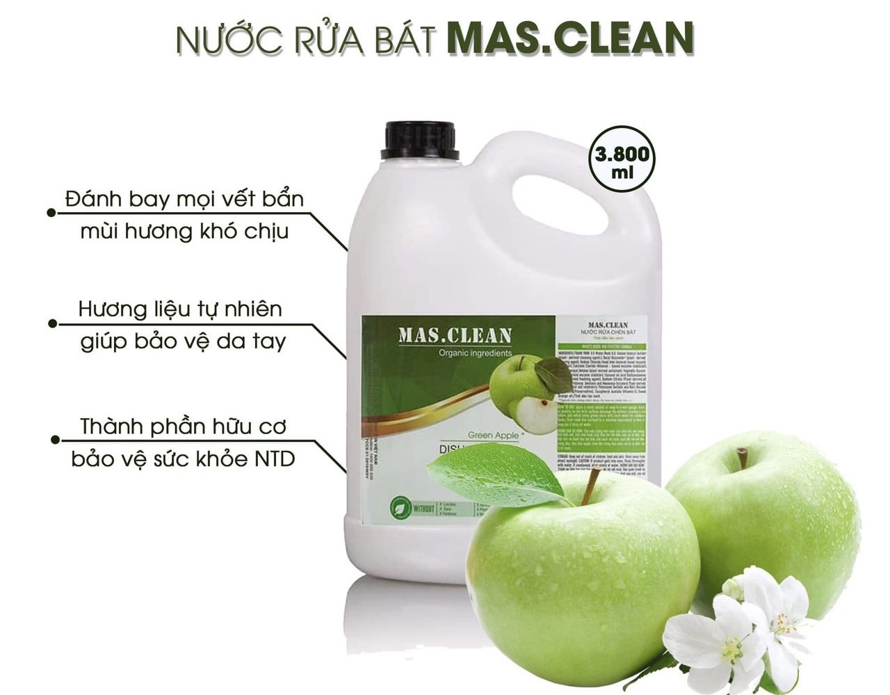 Nước rửa chén bát hữu cơ MasClean 3.8l/rửa ly/rửa bình sữa