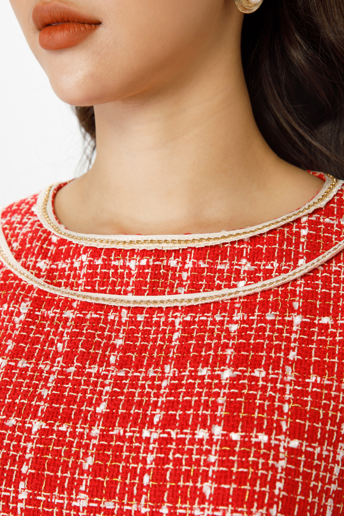 Đầm Tweed kẻ đỏ 2 lớp cổ tròn IVY Moda MS 48M7105