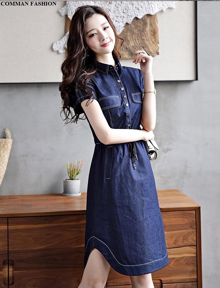 [HCM]CAO CẤP Đầm Jean Nữ Cổ Bẻ Lai Bầu 3979