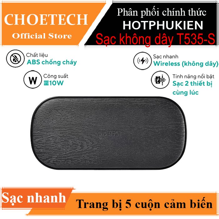 [HCM]Đế sạc nhanh không dây Qi sạc cùng lúc 2 thiết bị cho điện thoại và tai nghe Apple Airpods 2 hiệu CHOETECH HPK-T535-S (công suất 10W 5 cuộn cảm sạc thông minh) (Bảo hành 03 tháng 1 đổi 1) - Phân phối bởi Hotpukien