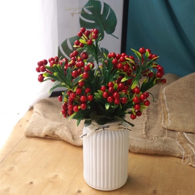 Hoa giả decor cành sơ ri bé hoa lụa